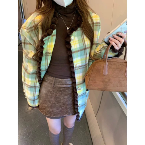 Korean style small fragrant style contrasting plaid coat for women small in autumn and winter new design niche loose woolen top