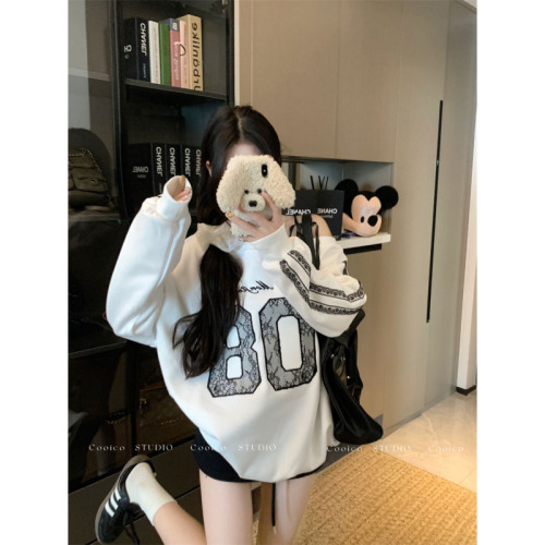 Photographed Loose and Lazy Letter Print Sweatshirt Pullover with Irregular Shoulder-Strap Long Sleeve Top