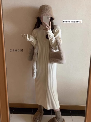 Over-the-knee loose stand-up collar thickened dress mid-length autumn and winter new Korean style pit strip inner sweater knitted skirt