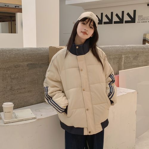 High-quality hand-stuffed cotton thickened winter new spliced ​​three-stripe loose cotton coat women's bread jacket