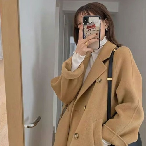 Pink woolen coat dopamine long Korean style suit collar oatmeal color small person atmosphere autumn and winter