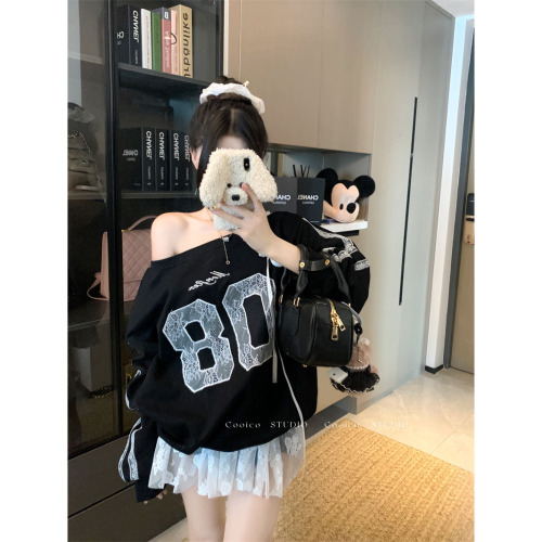 Photographed Loose and Lazy Letter Print Sweatshirt Pullover with Irregular Shoulder-Strap Long Sleeve Top