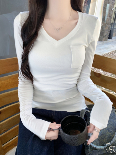 Real shot 40 count pure cotton 92 cotton/8 spandex 2024 autumn long-sleeved T-shirt V-neck pocket bottoming shirt