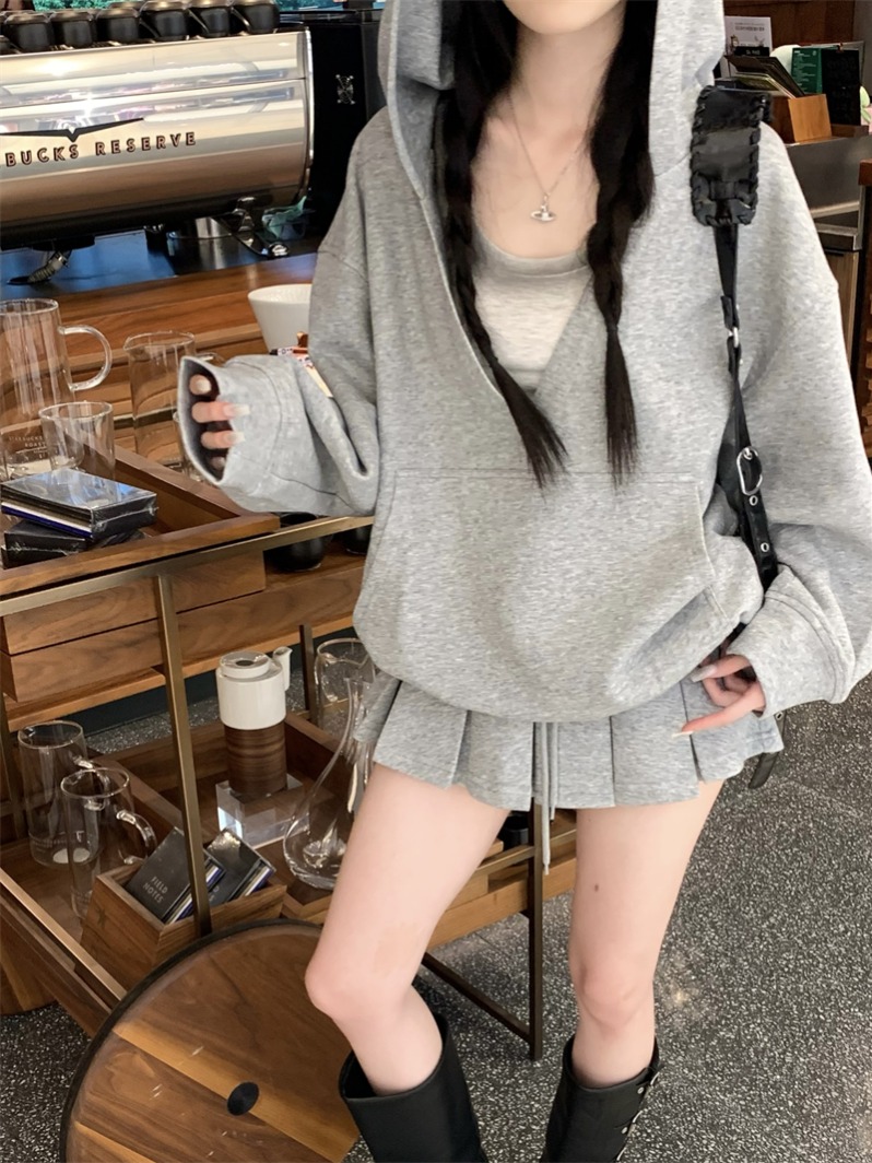 實拍 純色連帽衛衣套裝女夏季初秋短裙三件套