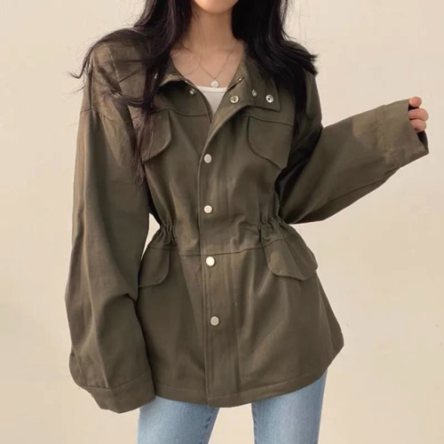 Korean chic autumn retro temperament fake pocket design drawstring waist slimming work jacket windbreaker coat for women