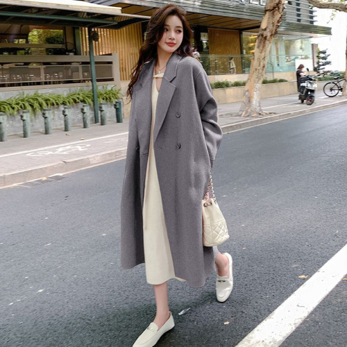 Pink woolen coat dopamine long Korean style suit collar oatmeal color small person atmosphere autumn and winter