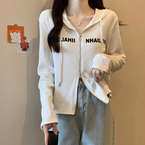 Original workmanship, large size design, niche double zipper hooded long-sleeved T-shirt for women, autumn right shoulder slim top