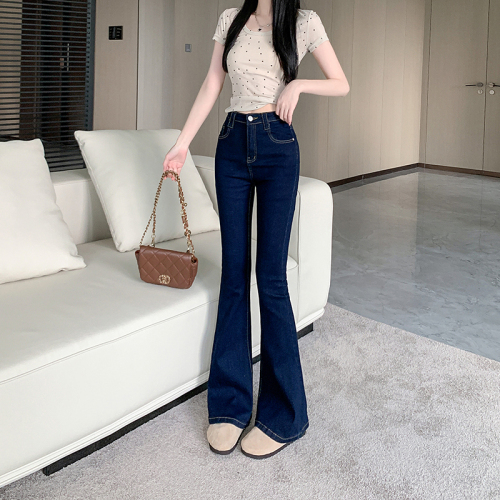 Photographed~ Retro Deep Blue Lined Micro Bell Bottom Women's Tailoring Slimming Leg Length Hoof Pants