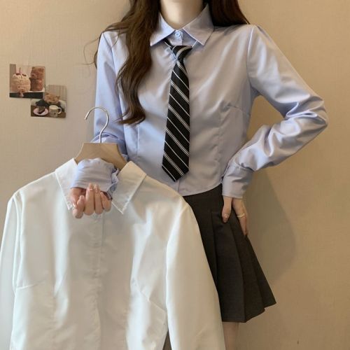 Women's Autumn College Style Retro Hong Kong Long-Sleeve Shirt, Youthful Reducing Age Collarless Blouse with Loose Short sleeves, New Korean Version