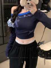 Real shot of retro hot diamond printed off-shoulder T-shirt for women, waist slimming bottoming long-sleeved top