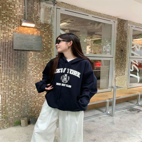 Letter printed hooded long-sleeved sweatshirt for women new retro casual loose top