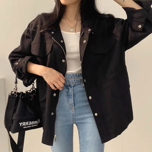 Korean chic autumn retro temperament fake pocket design drawstring waist slimming work jacket windbreaker coat for women