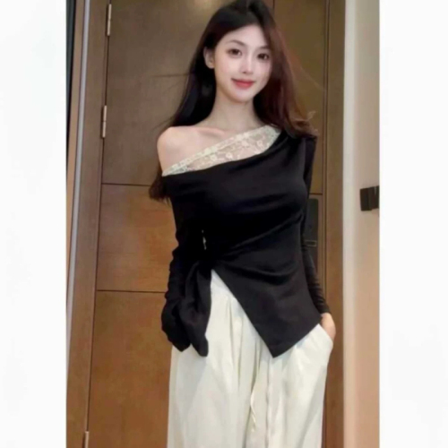 Pure desire temperament oblique shoulder lace splicing long-sleeved T-shirt for women early autumn new slim fit lace-up slit bottoming shirt