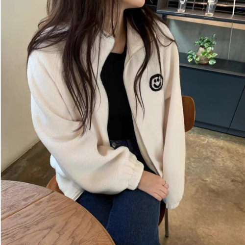 College style loose age-reducing towel embroidered with smiley pattern stand collar zipper casual jacket for women autumn and winter new style