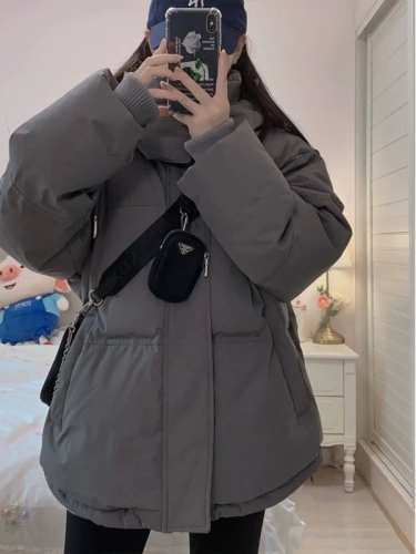 Gray down cotton coat for women 2024 new winter thickened cotton coat mid-length small hooded coat