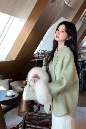 New Chinese style national style stand collar oblique buttoned woolen coat for women autumn and winter new loose and high-end sense of celebrity woolen coat trend