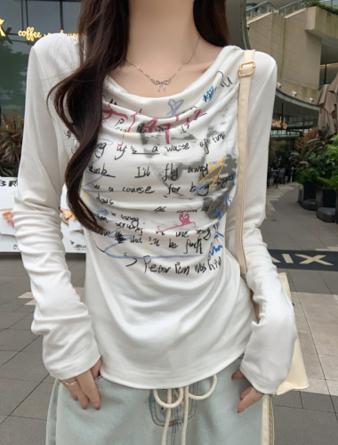 Real shot of rayon cut as you like 2024 autumn long-sleeved T-shirt women's slim hooded printed top