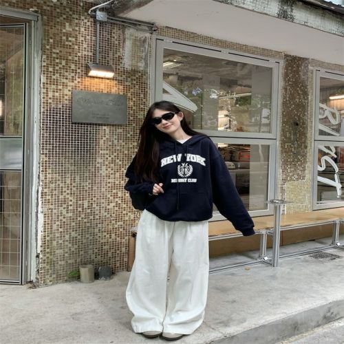 Letter printed hooded long-sleeved sweatshirt for women new retro casual loose top