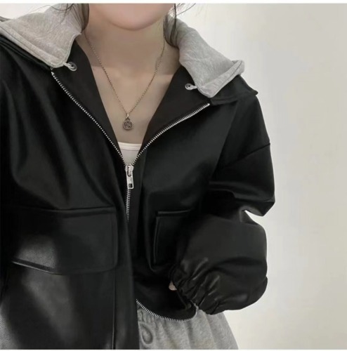 2024 Korean retro style zipper large pocket casual loose versatile short hooded leather jacket for women