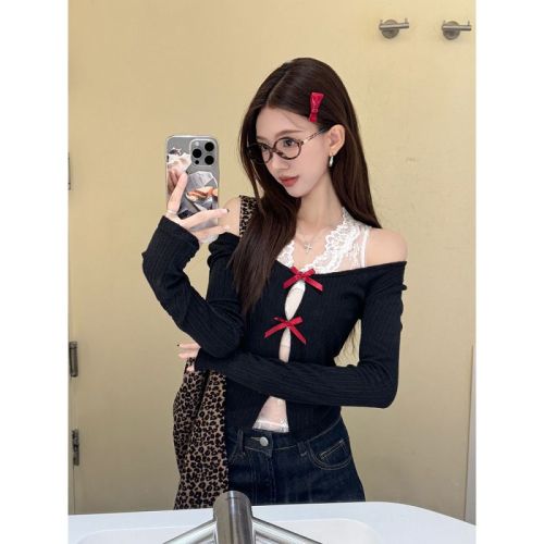 Sweet and cool hollow bow-knot slimming long-sleeved sweater + layered pure lust hottie lace vest