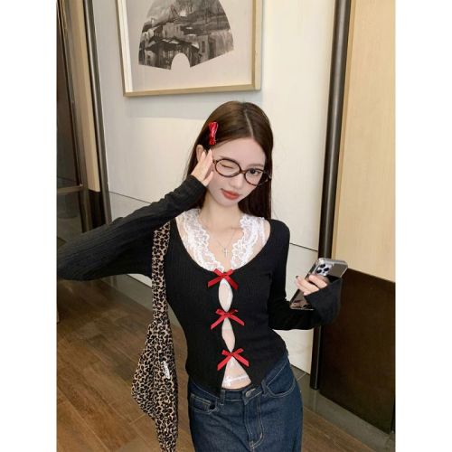 Sweet and cool hollow bow-knot slimming long-sleeved sweater + layered pure lust hottie lace vest