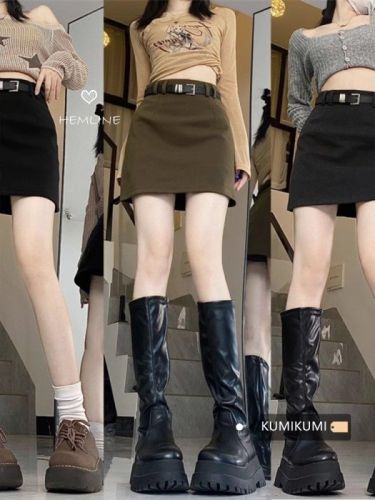 Plus size American hottie high-waisted woolen hip-hugging skirt A-line skirt for women black anti-exposure skirt sexy short skirt