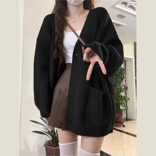 High-end lazy style loose sweater autumn and winter new popular black knitted cardigan jacket for women spring and autumn