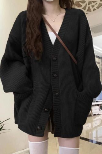 High-end lazy style loose sweater autumn and winter new popular black knitted cardigan jacket for women spring and autumn