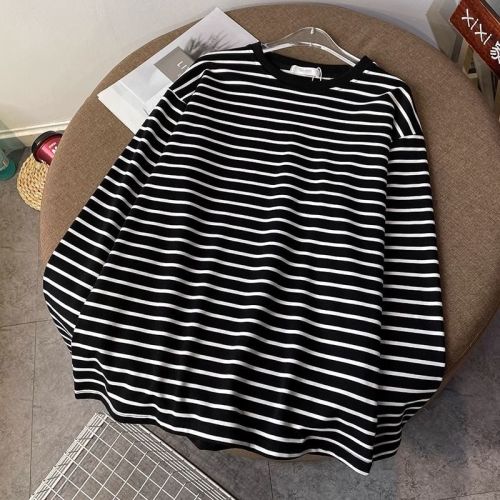 Spring black and white striped t-shirt women's spring versatile loose and stylish inner layering shirt long-sleeved top