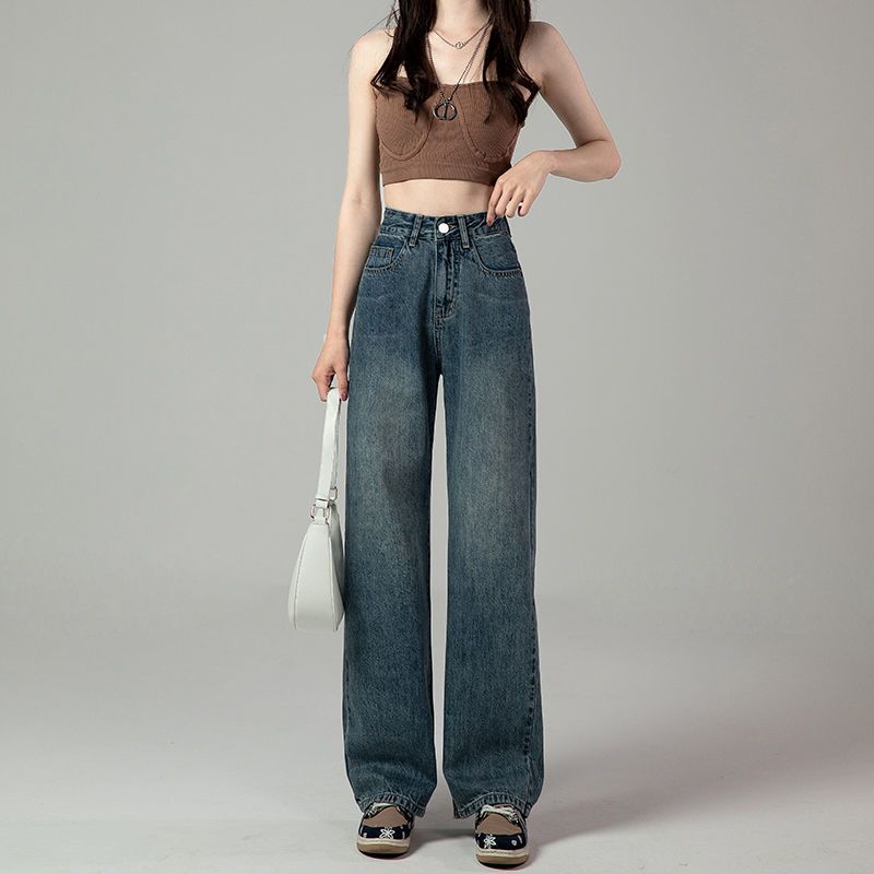 Hong Kong style jeans for women, fashionable straight pants for small people, new style loose high-waisted casual wide-leg trousers