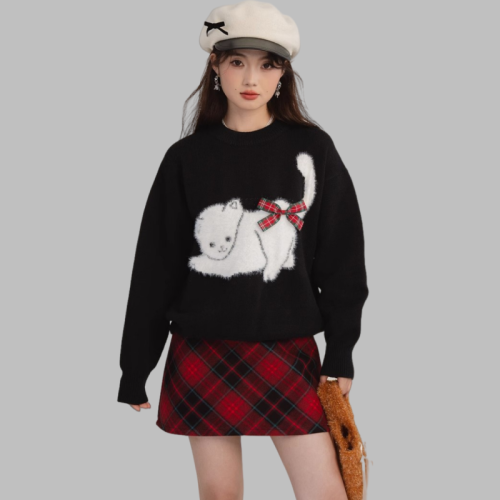 Bow Butt Cat Sweater Women's Autumn and Winter Versatile New Lazy Style Loose Soft Waxy Knitted Sweater Top