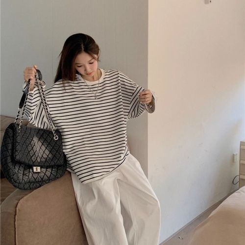 Spring black and white striped t-shirt women's spring versatile loose and stylish inner layering shirt long-sleeved top