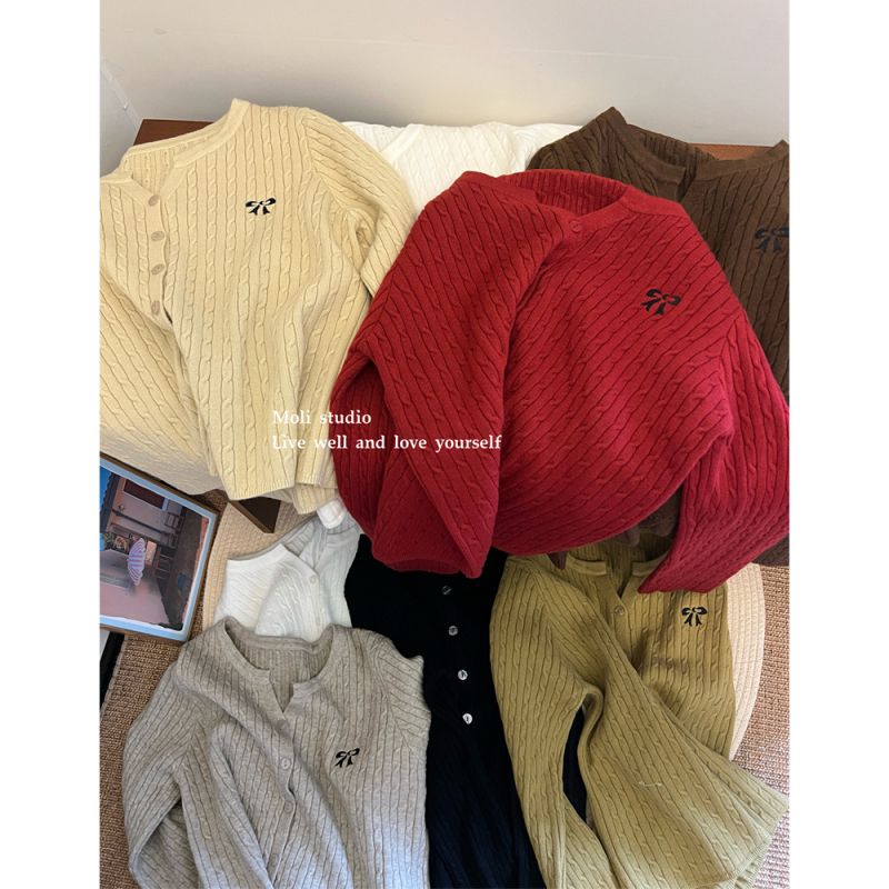 Korean style small v-neck slimming bow embroidered sweater thickened soft waxy long-sleeved sweater top