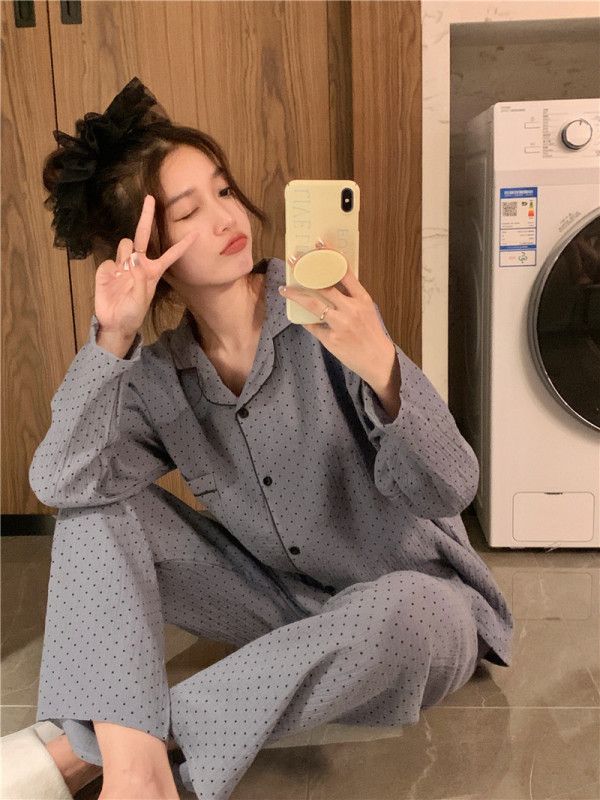 Haze blue polka dot lapel simple home wear pajama set