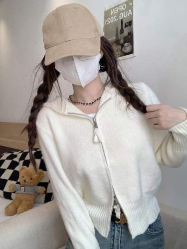 Gray zipper hooded knitted cardigan autumn and winter women's unique top super nice design niche sweater jacket