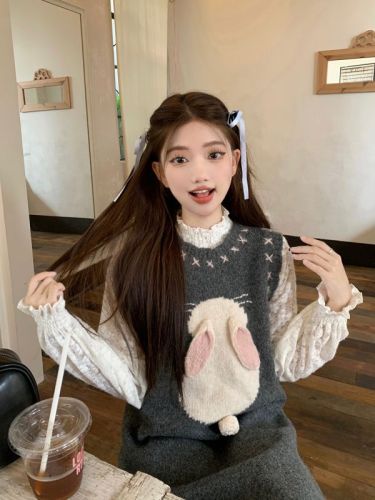 Three-dimensional bunny gray knitted dress + bud sleeves plush knitted contrast material bottoming shirt