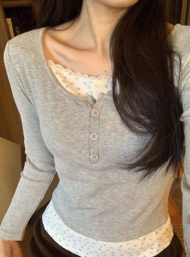 Floral lace with padded bottoming women's autumn and winter slim long-sleeved T-shirt