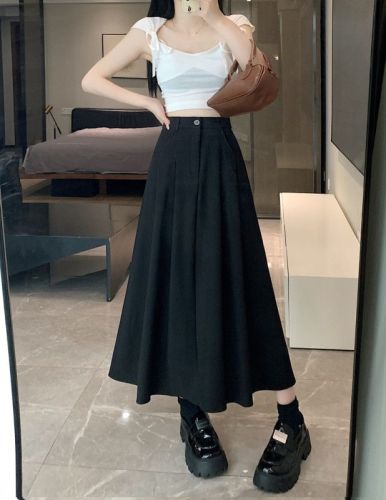 Plus size fat girl high waist slim pleated suit long skirt versatile large swing skirt half A-line skirt