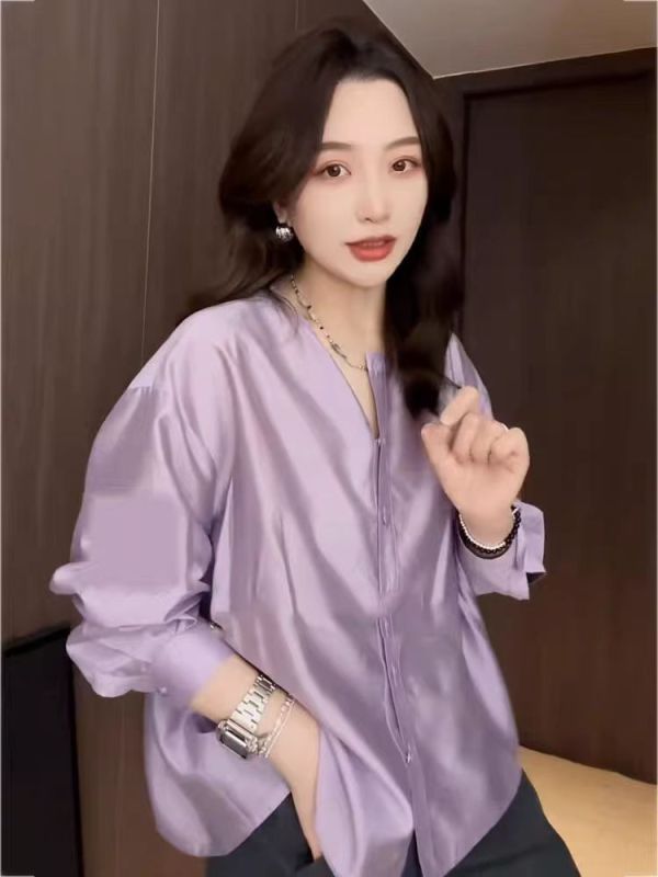 Purple Misty Tencel Solid Color Western Fashion Niche Korean Style Shirt Top Women