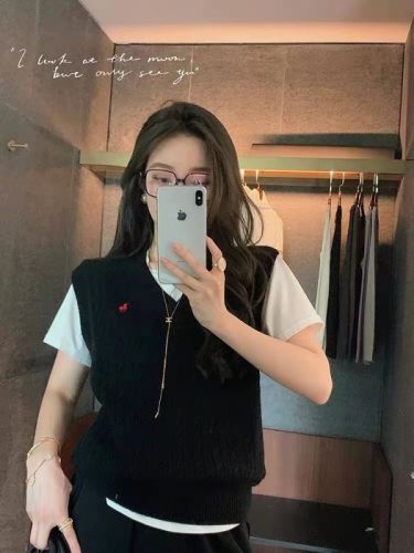 Embroidered V-neck sweater twist sweater vest for women early autumn thin loose style layered sleeveless vest