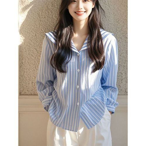 French blue striped navy collar high-end long-sleeved shirt light luxury high-end temperament small top women's early autumn new style