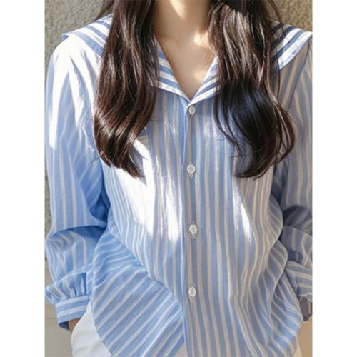 French blue striped navy collar high-end long-sleeved shirt light luxury high-end temperament small top women's early autumn new style