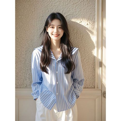 French blue striped navy collar high-end long-sleeved shirt light luxury high-end temperament small top women's early autumn new style