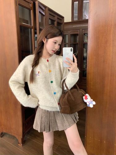 Playful girl Korean chic early autumn simple dachshund multi-color sweater cardigan