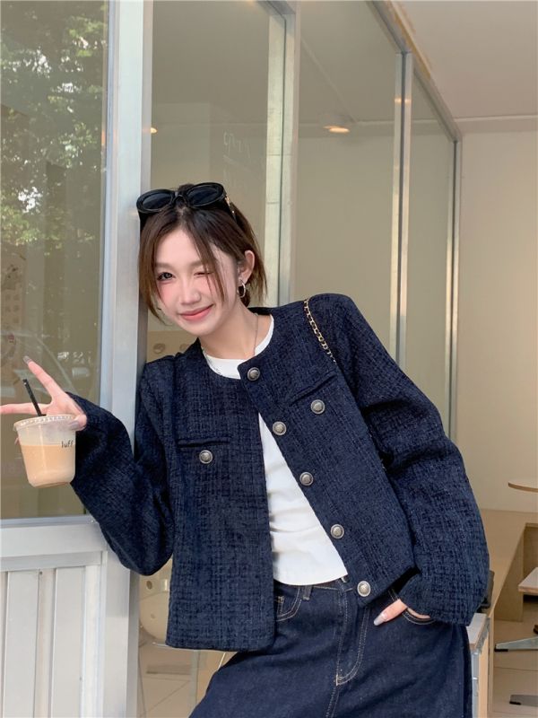 Navy blue short style single-breasted jacket retro high-end casual loose long-sleeved top