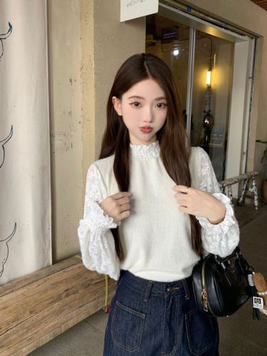 Three-dimensional bunny gray knitted dress + bud sleeves plush knitted contrast material bottoming shirt