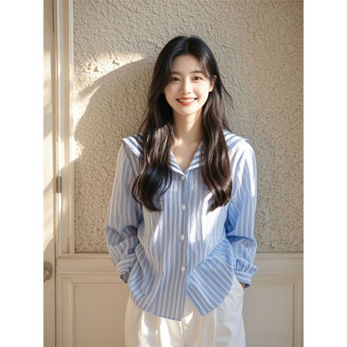 French blue striped navy collar high-end long-sleeved shirt light luxury high-end temperament small top women's early autumn new style