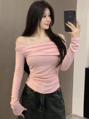 Early autumn new Korean style design slant collar off-shoulder slim slim pleated long-sleeved T-shirt top for women