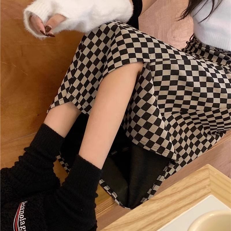Checkerboard knitted skirt for women autumn new high waist slit large size crotch covering skirt mid-length slim a-line skirt