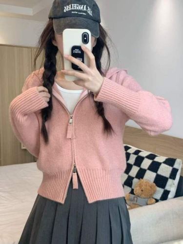 Gray zipper hooded knitted cardigan autumn and winter women's unique top super nice design niche sweater jacket